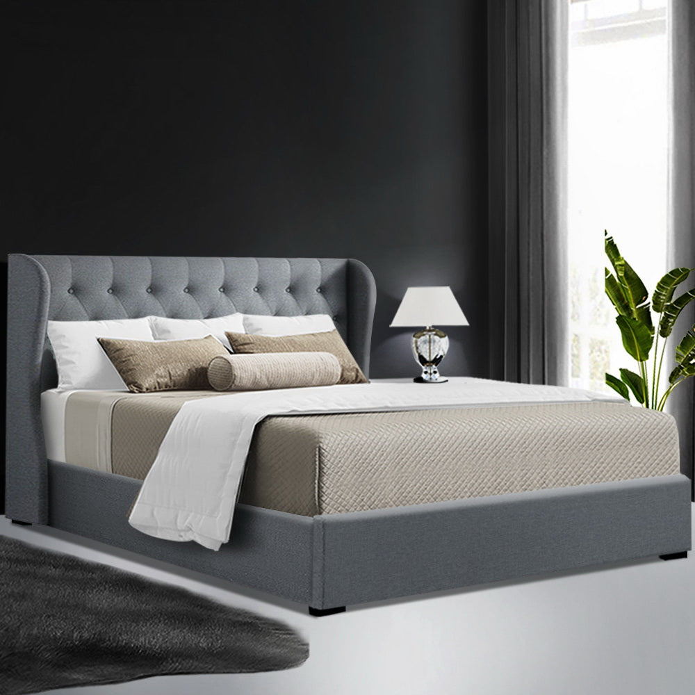 Bed Frame Fabric Gas Lift Storage - Grey Queen