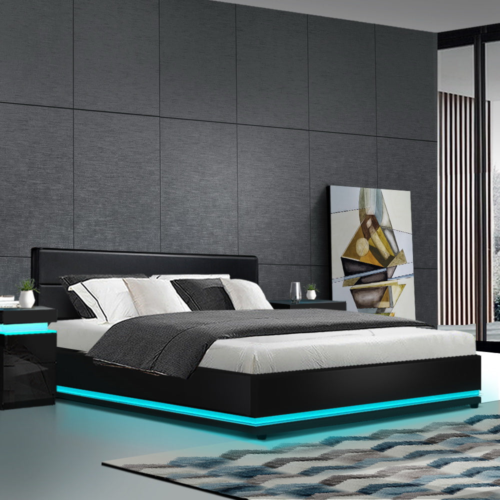 LED Bed Frame PU Leather Gas Lift Storage - Black King