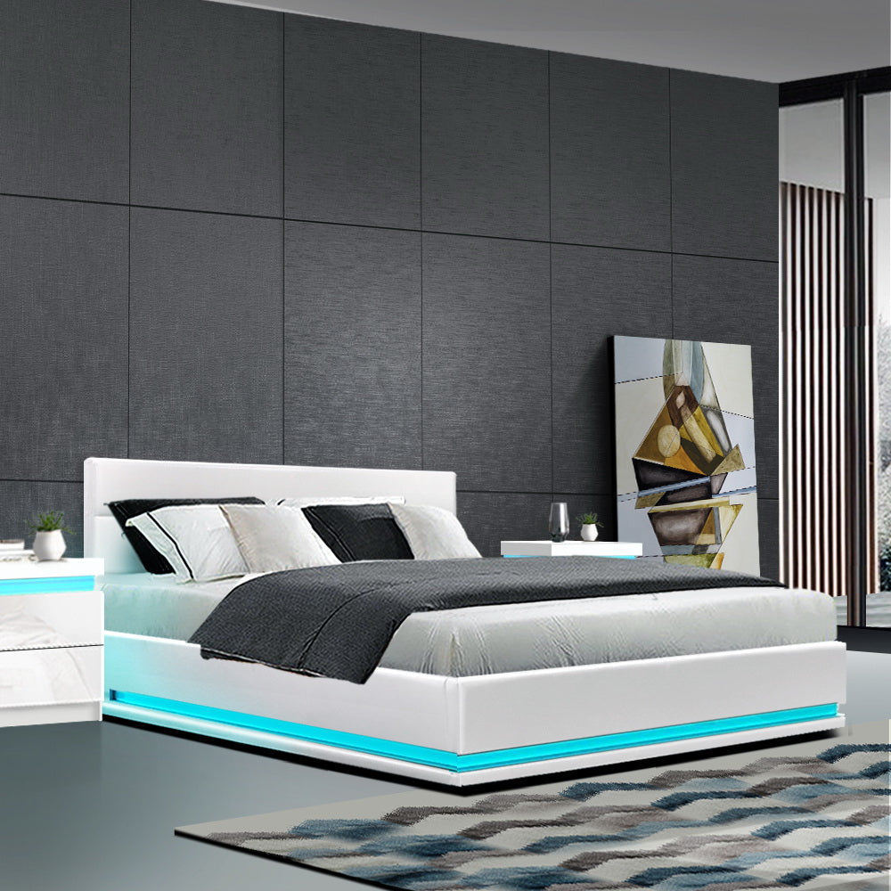 LED Bed Frame PU Leather Gas Lift Storage - White Queen