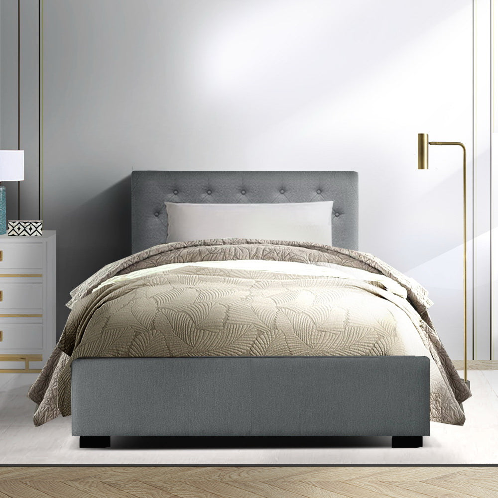 Bed Frame Fabric Gas Lift Storage - Grey King Single