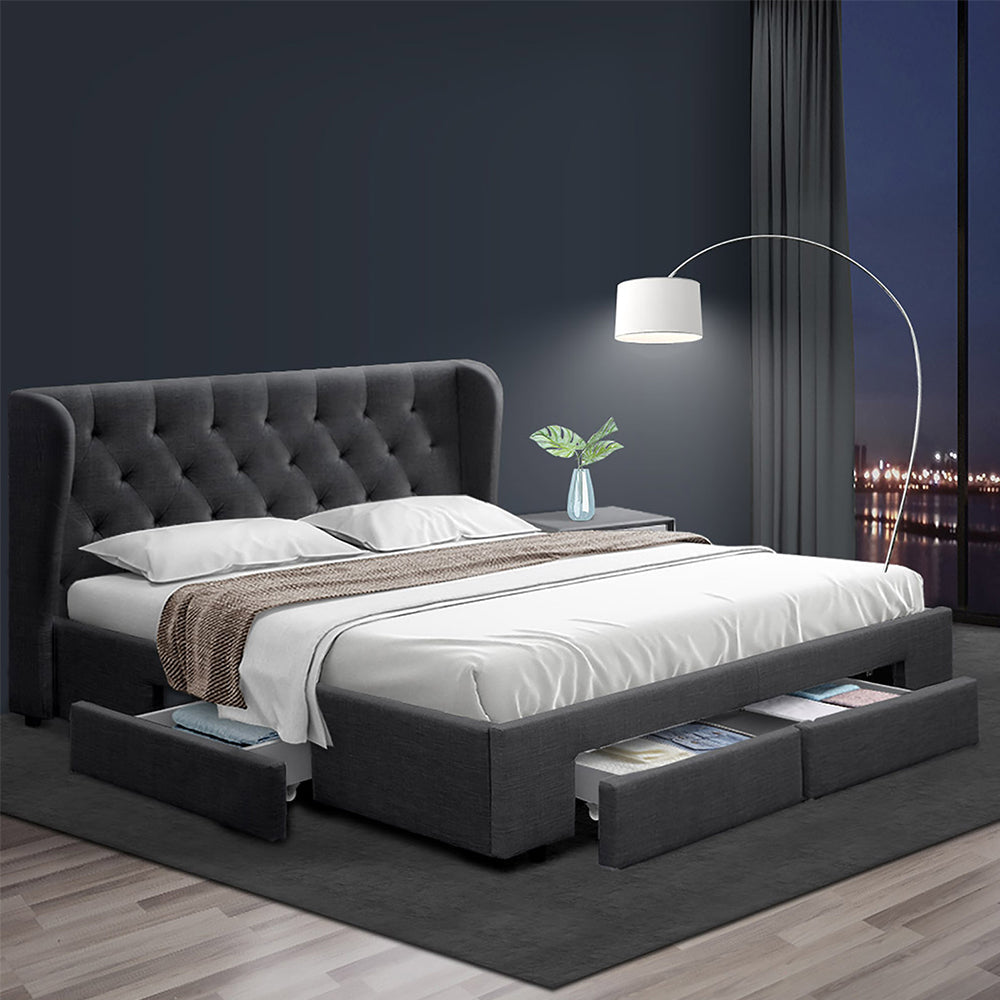 Bed Frame Storage Drawers Fabric - Charcoal King