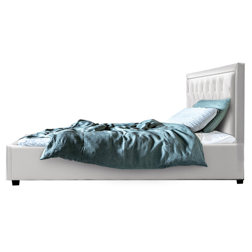 Bed Frame PU Leather Gas Lift Storage - White Double