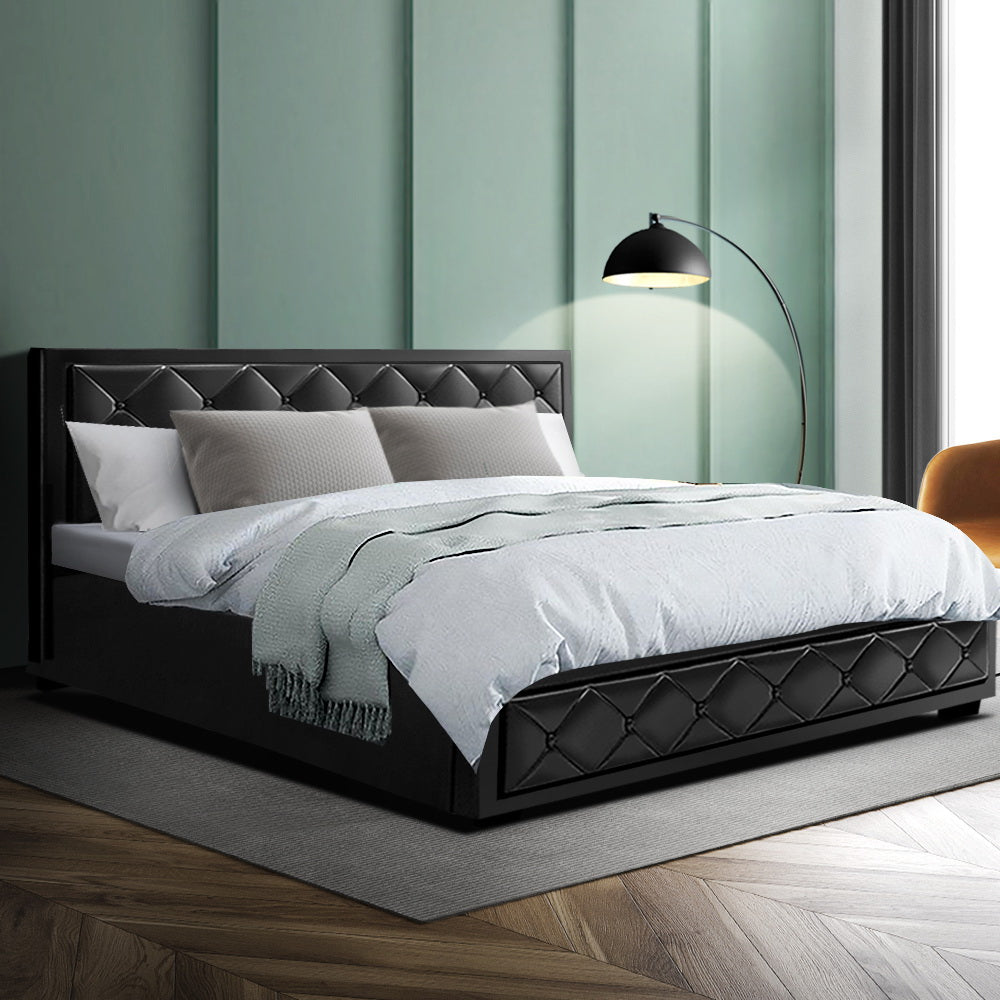 Bed Frame PU Leather Gas Lift Storage - Black King