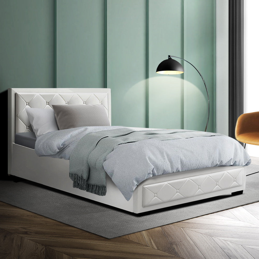 Bed Frame PU Leather Gas Lift Storage - White King Single