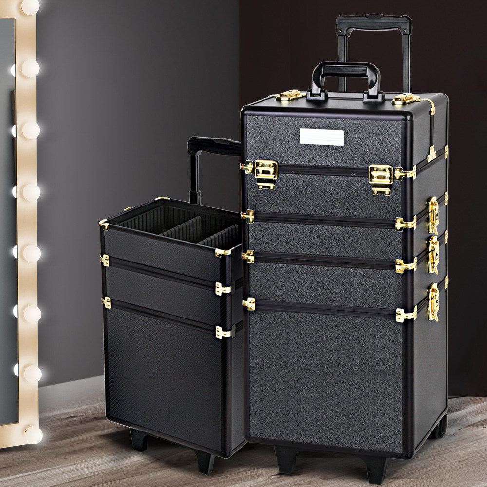 7 in 1 Portable Cosmetic Suitcase Trolley - Black and Gold