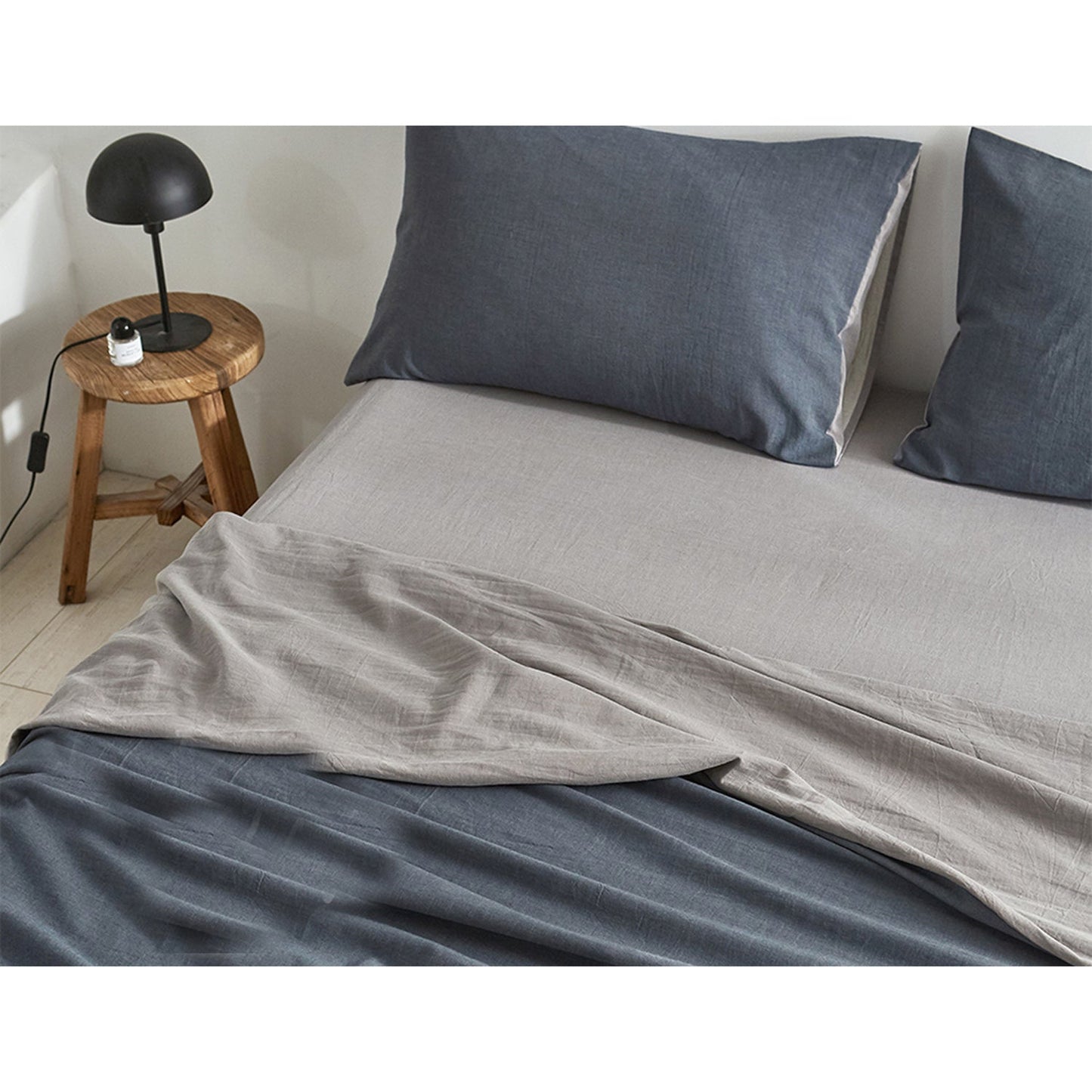 Double Size Cotton Sheet Set - Dark Blue and Grey