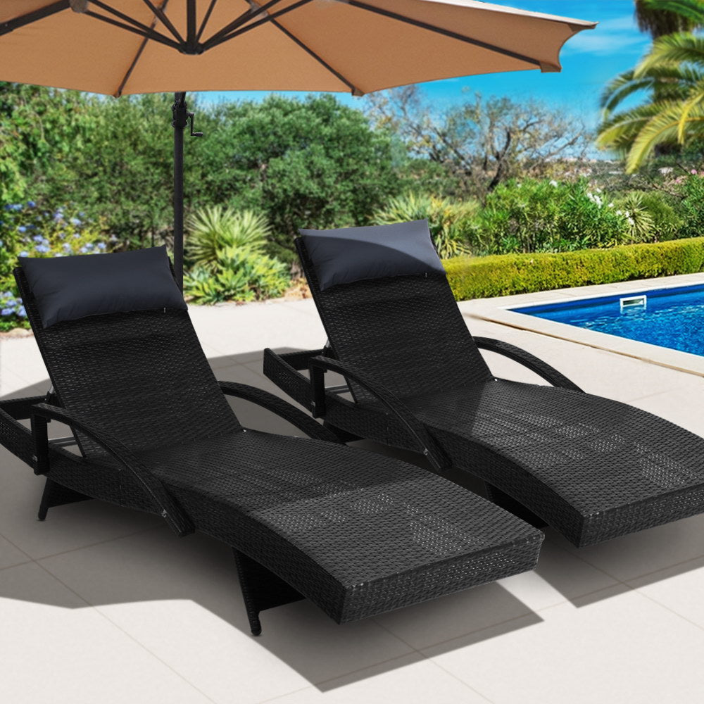 Sun Lounge Outdoor Wicker Lounger Rattan Garden Patio Set of 2 - Black