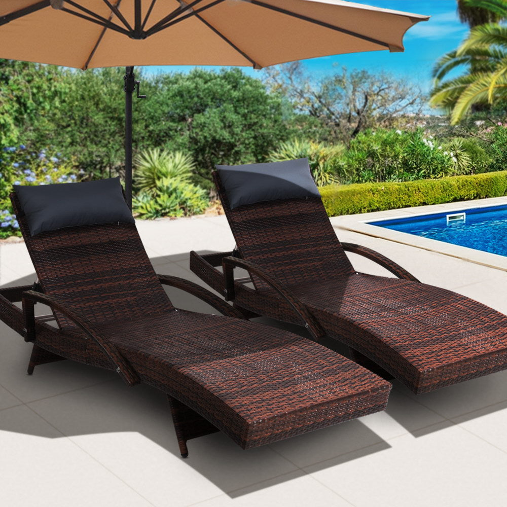 Sun Lounge Outdoor Wicker Lounger Rattan Garden Patio Set of 2 - Brown