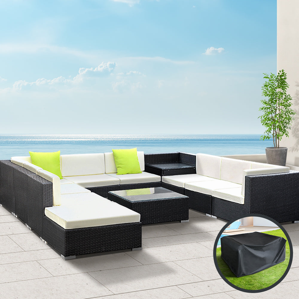 Sofa Set with Storage Cover Outdoor Furniture Wicker - Set of 11