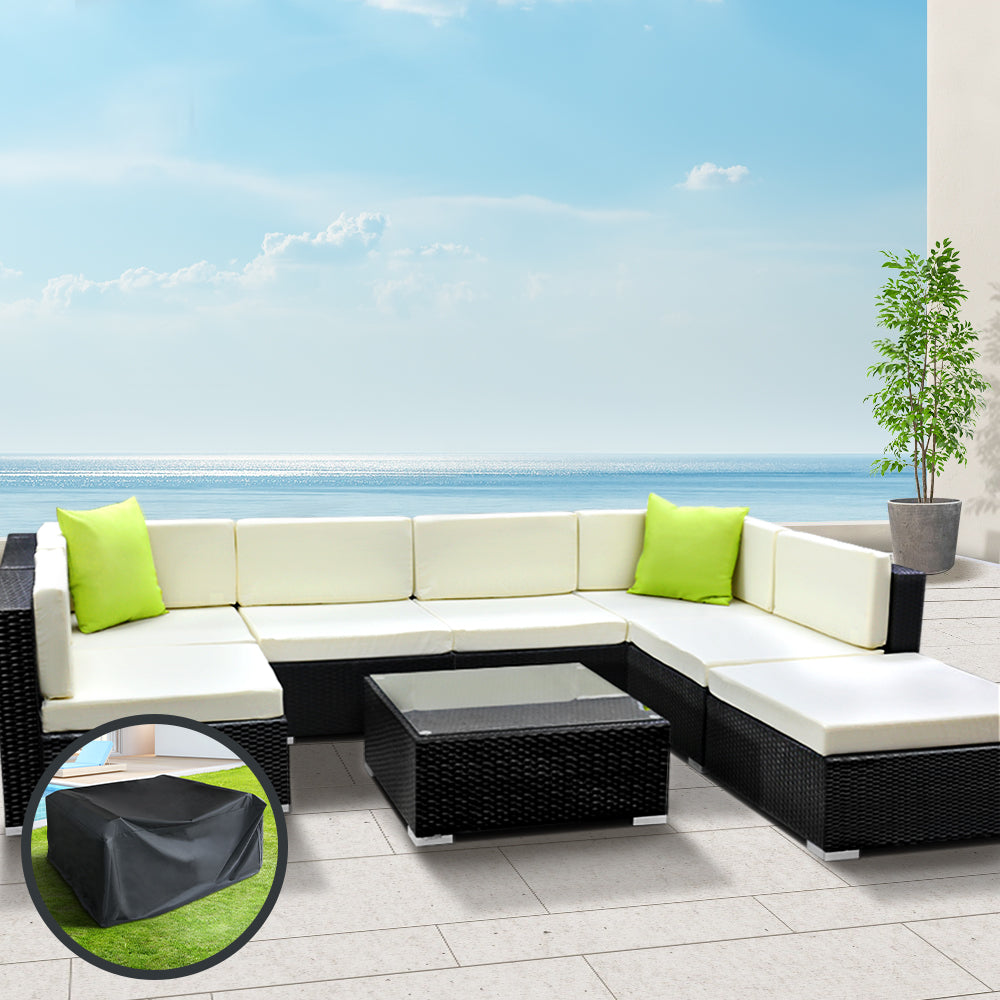 Sofa Set with Storage Cover Outdoor Furniture Wicker - Set of 8