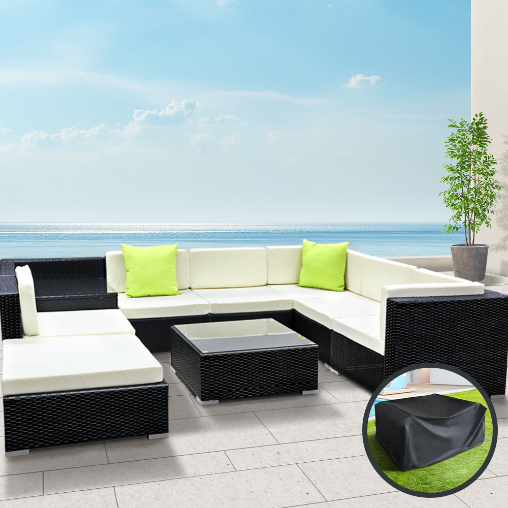 Sofa Set with Storage Cover Outdoor Furniture Wicker - Set of 9