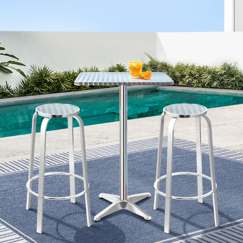 Outdoor Bar Square Table Stools Aluminium Cafe Bistro Set - Silver