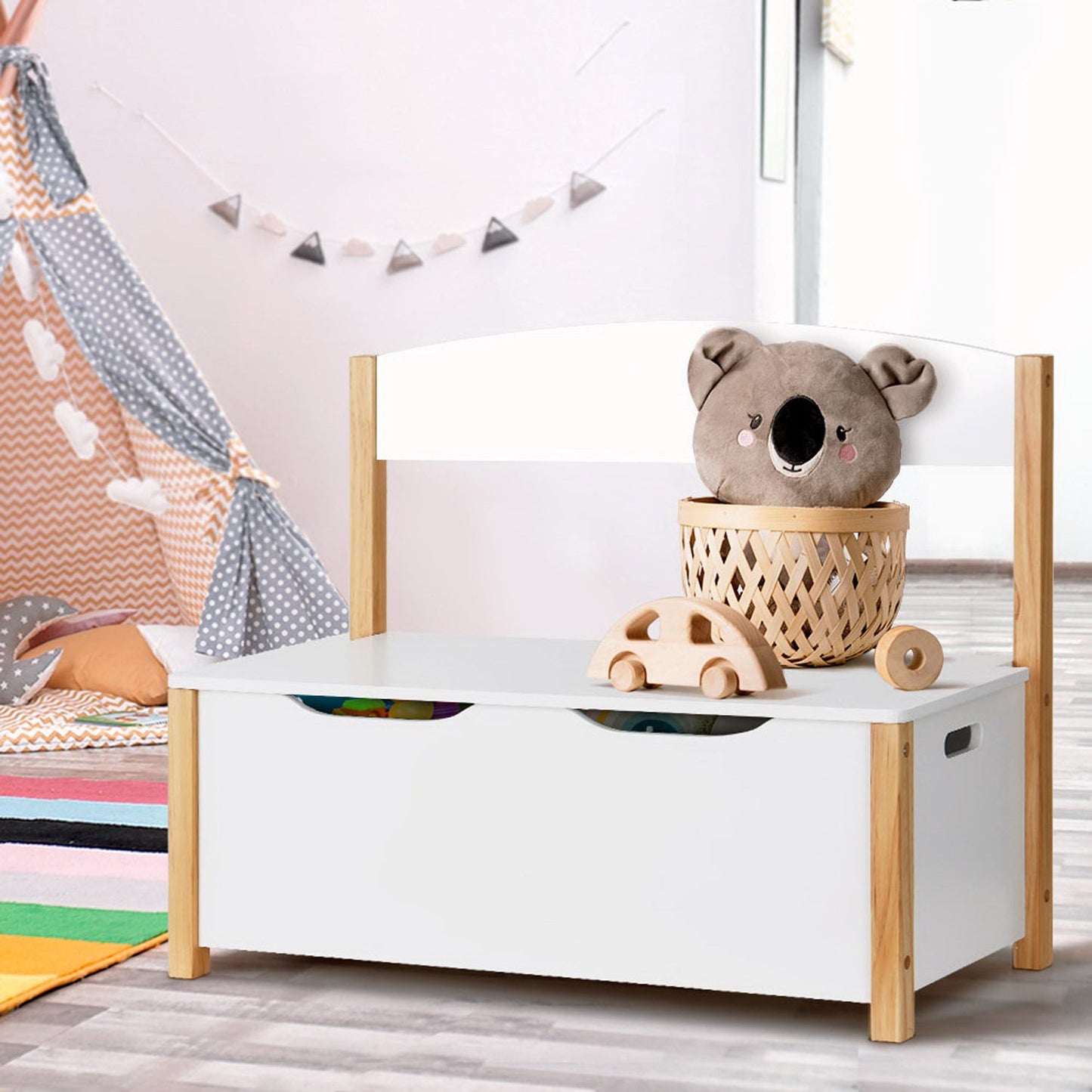 Kids Storage Box Organiser Seating Bench - White and Natural