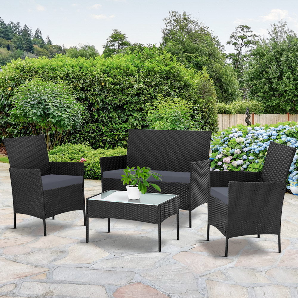 Outdoor Wicker Patio Dining Lounge Set with Storage Cover - Black