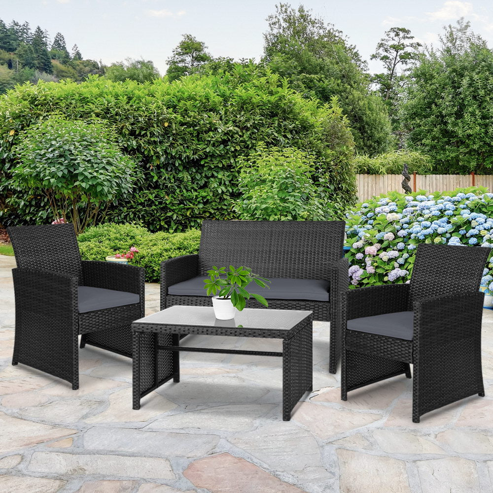 Rattan Furniture Outdoor Lounge Set with Storage Cover - Black
