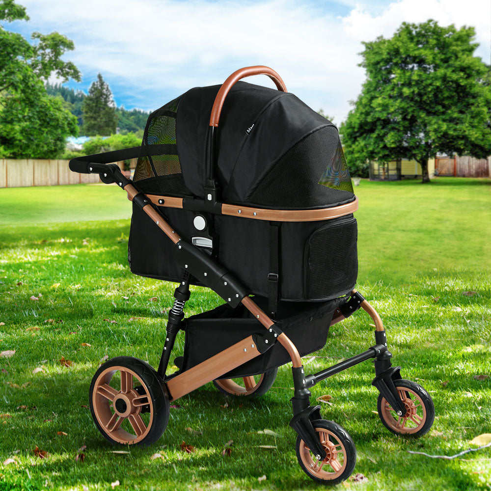 Pet Stroller Dog Large Cat Carrier Travel Foldable 4 Wheels - Black