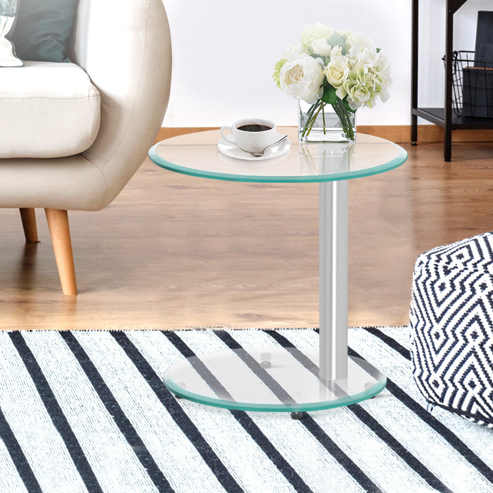 Side Coffee Table Bedside Furniture Oval Tempered Glass Top 2 Tier