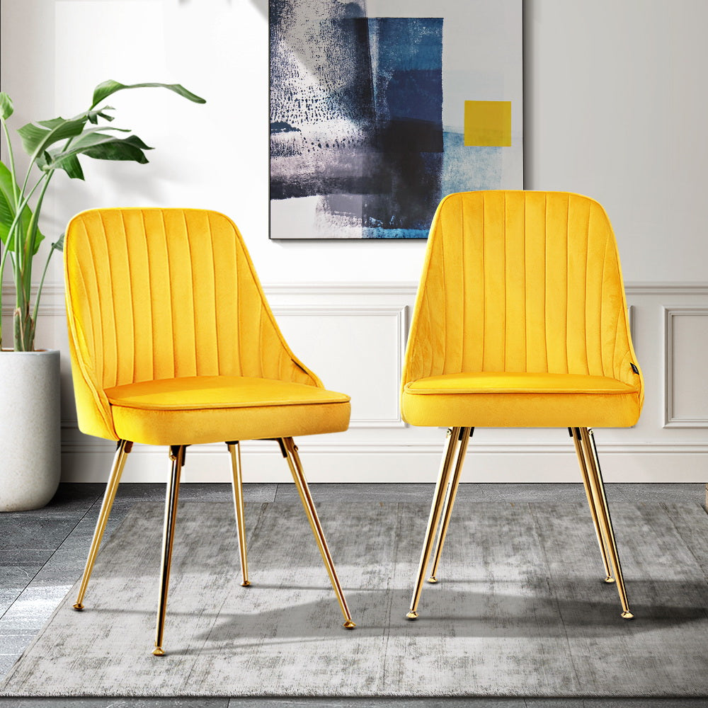 Set of 2 Dining Chairs Retro Chair Cafe Kitchen Modern Metal Legs Velvet Yellow