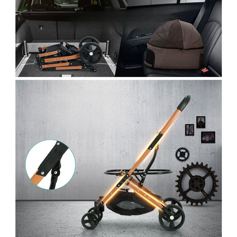 Pet Stroller Dog Large Cat Carrier Travel Foldable 4 Wheels - Brown