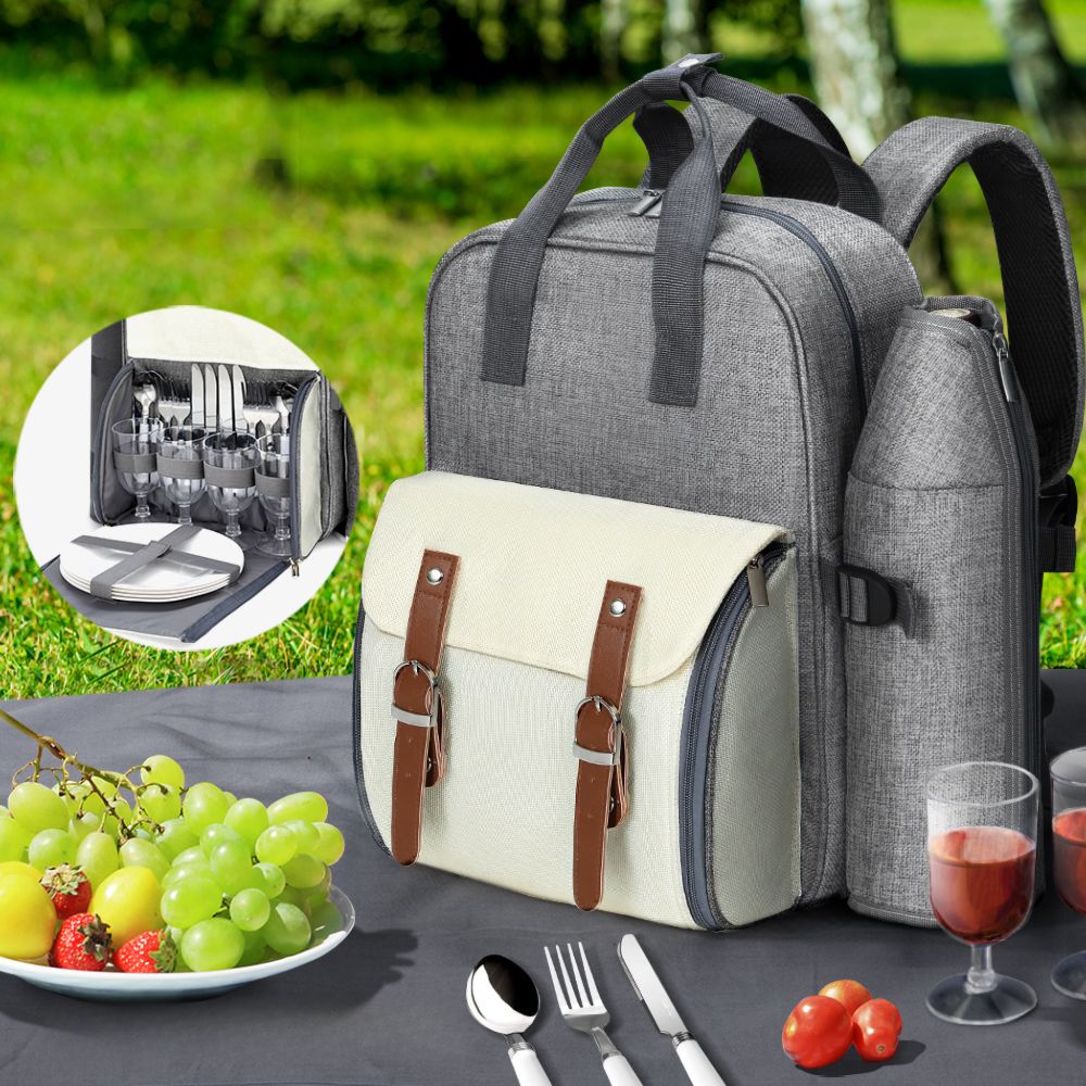 Picnic Basket Backpack Set Cooler Bag 4 Person Outdoor Insulated Liquor