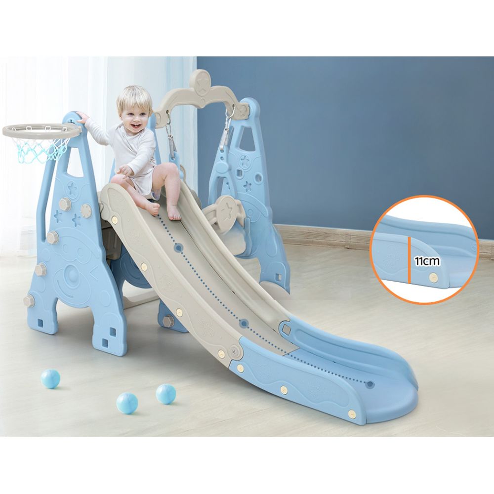 Kids Long Slide Swing Basketball Hoop Toddlers Play Set 170cm - Blue