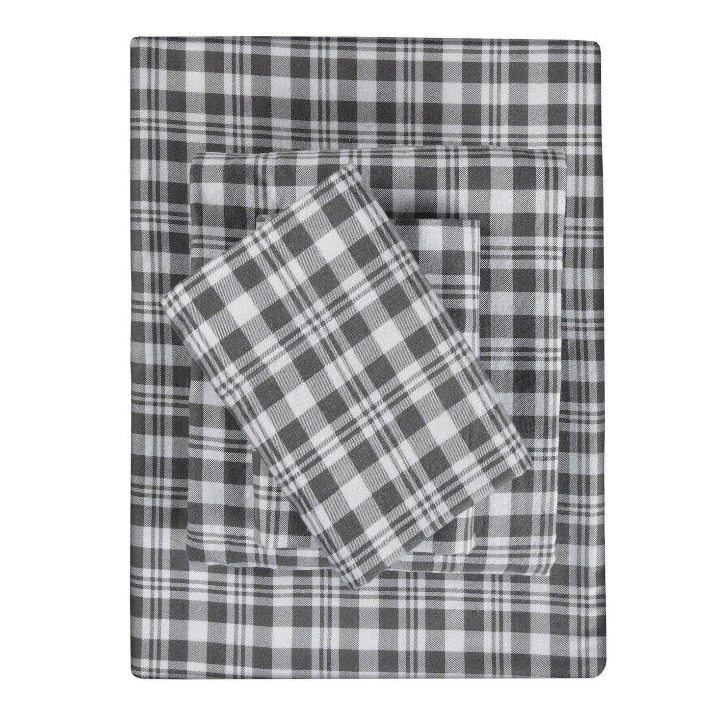 Grey Plaid Cotton Flannelette Sheets Set with Standard Pillow Case Single Double Queen King