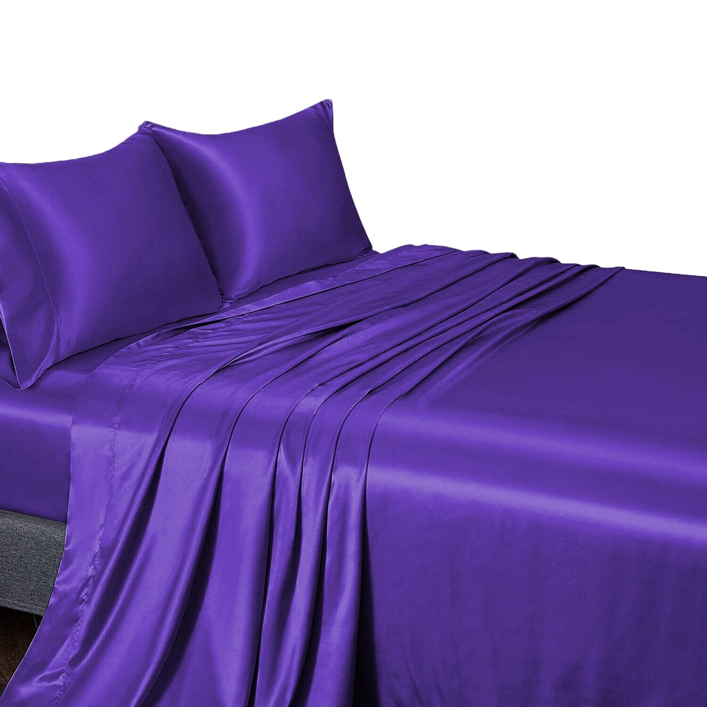 Purple Double Queen King Silk Satin Sheet Set Flat Fitted Sheet And Pillowcase