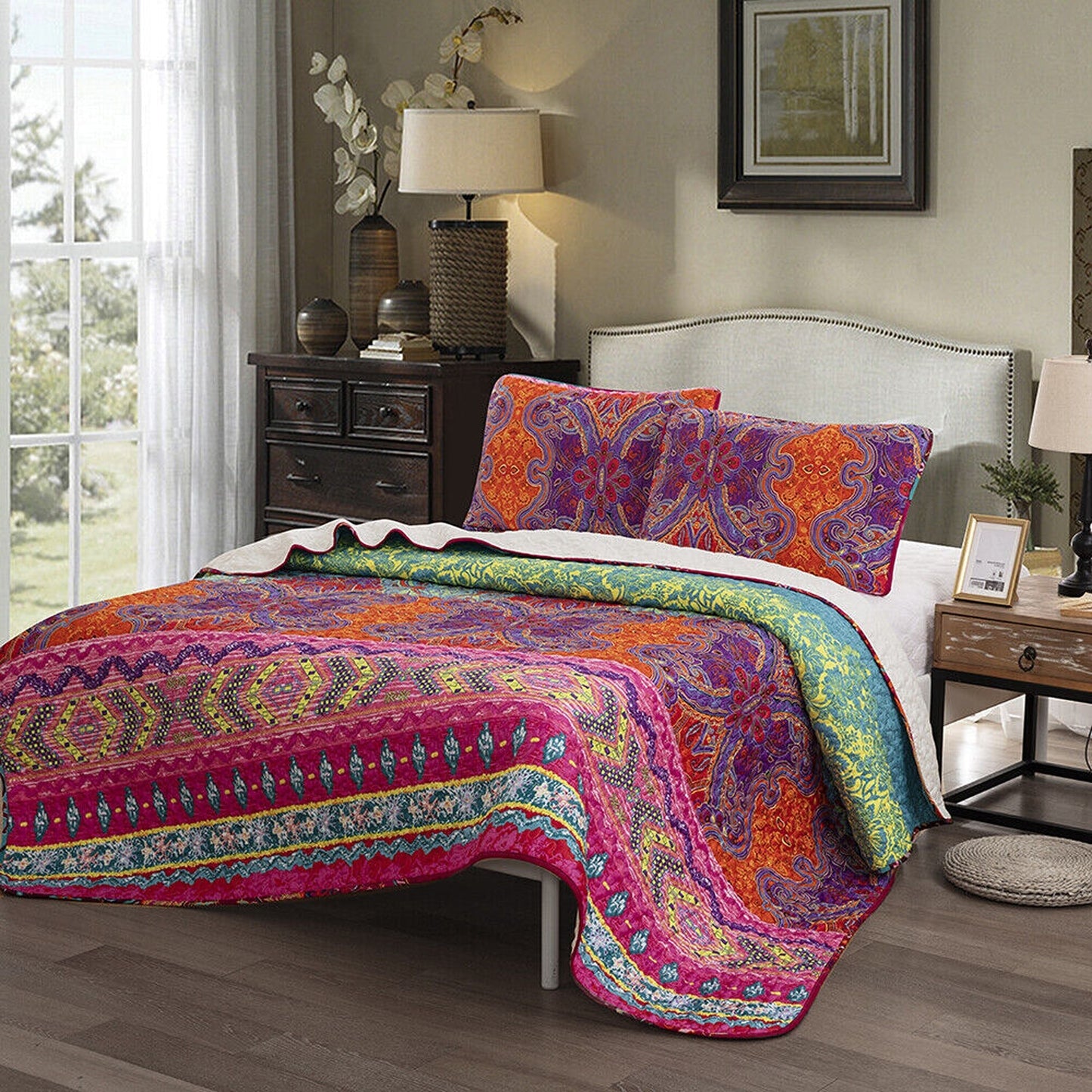 Bohemian Style Quilted Bedspread Queen King Size Coverlet Comforter Bedding