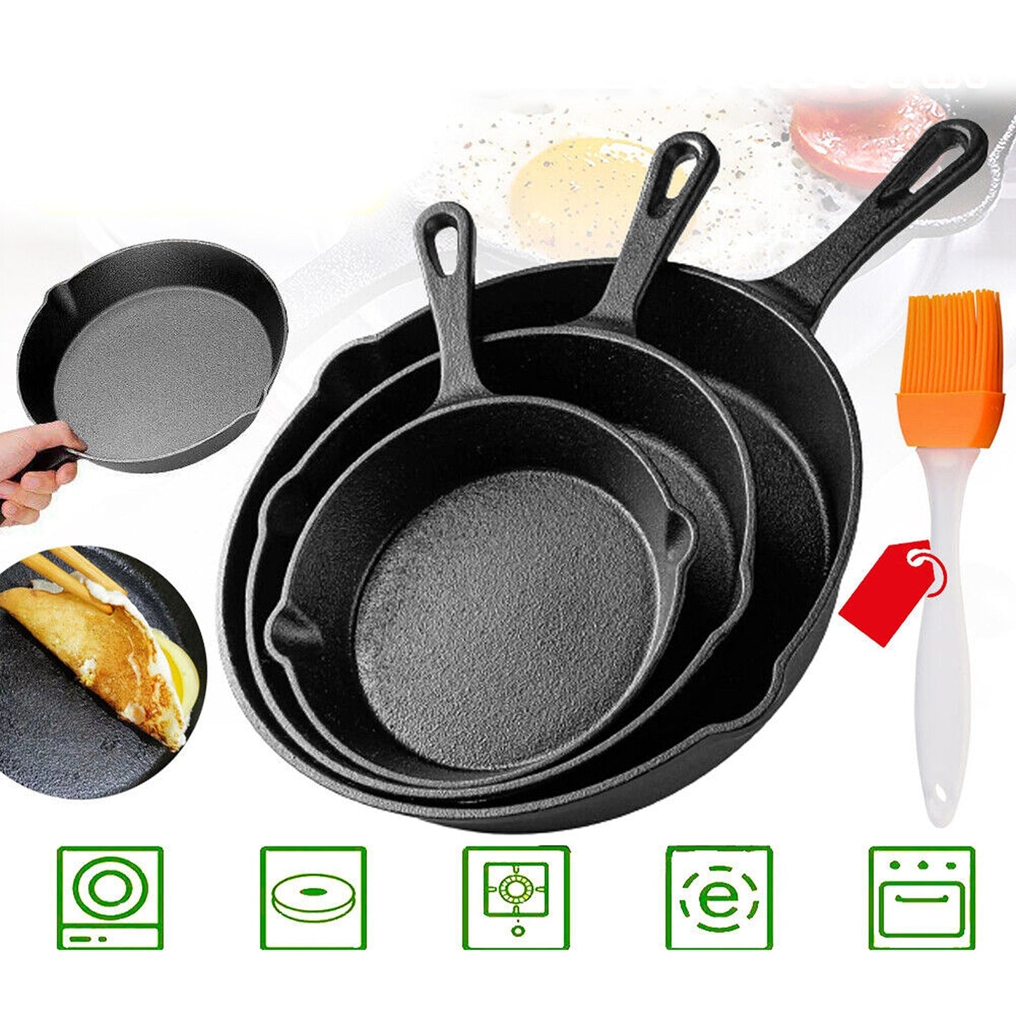3-Piece Nonstick Cast Iron Frypan Set for BBQ and Cooking