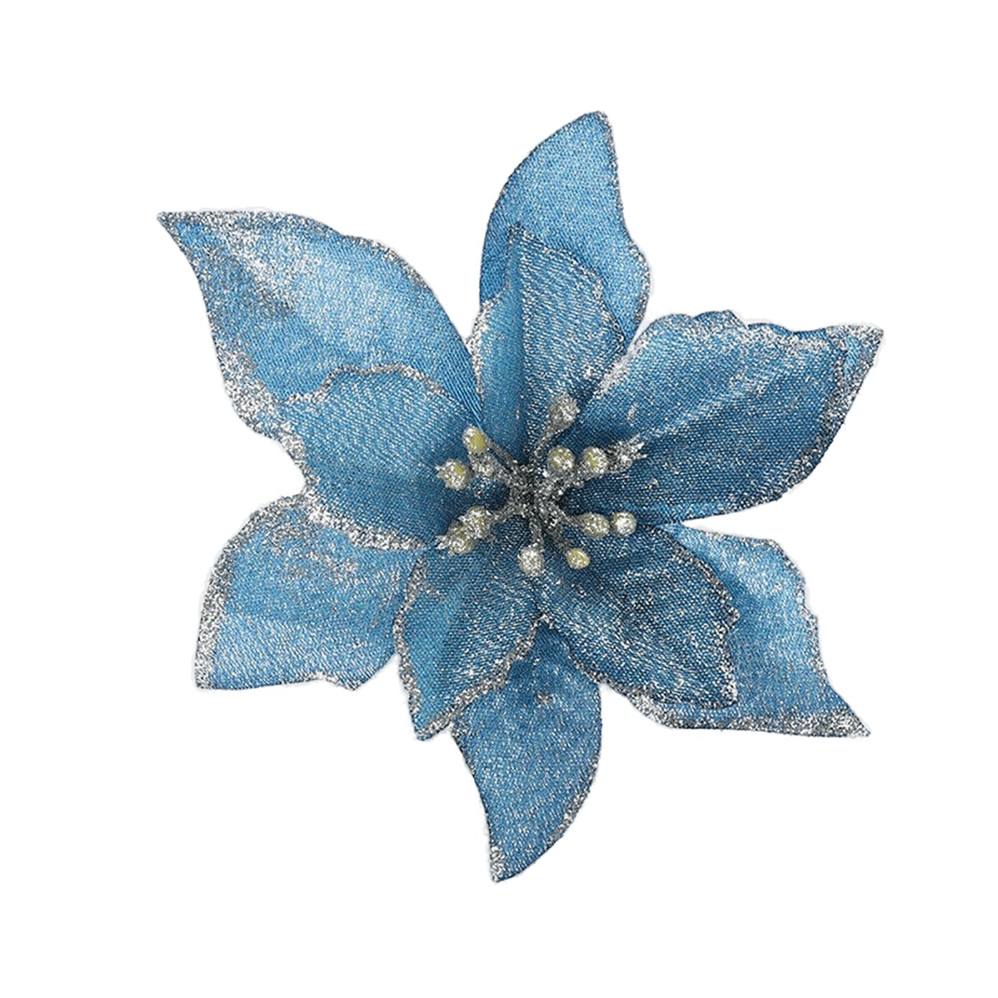 Blue Glitter Poinsettia Decorations for Xmas Tree and Wreath