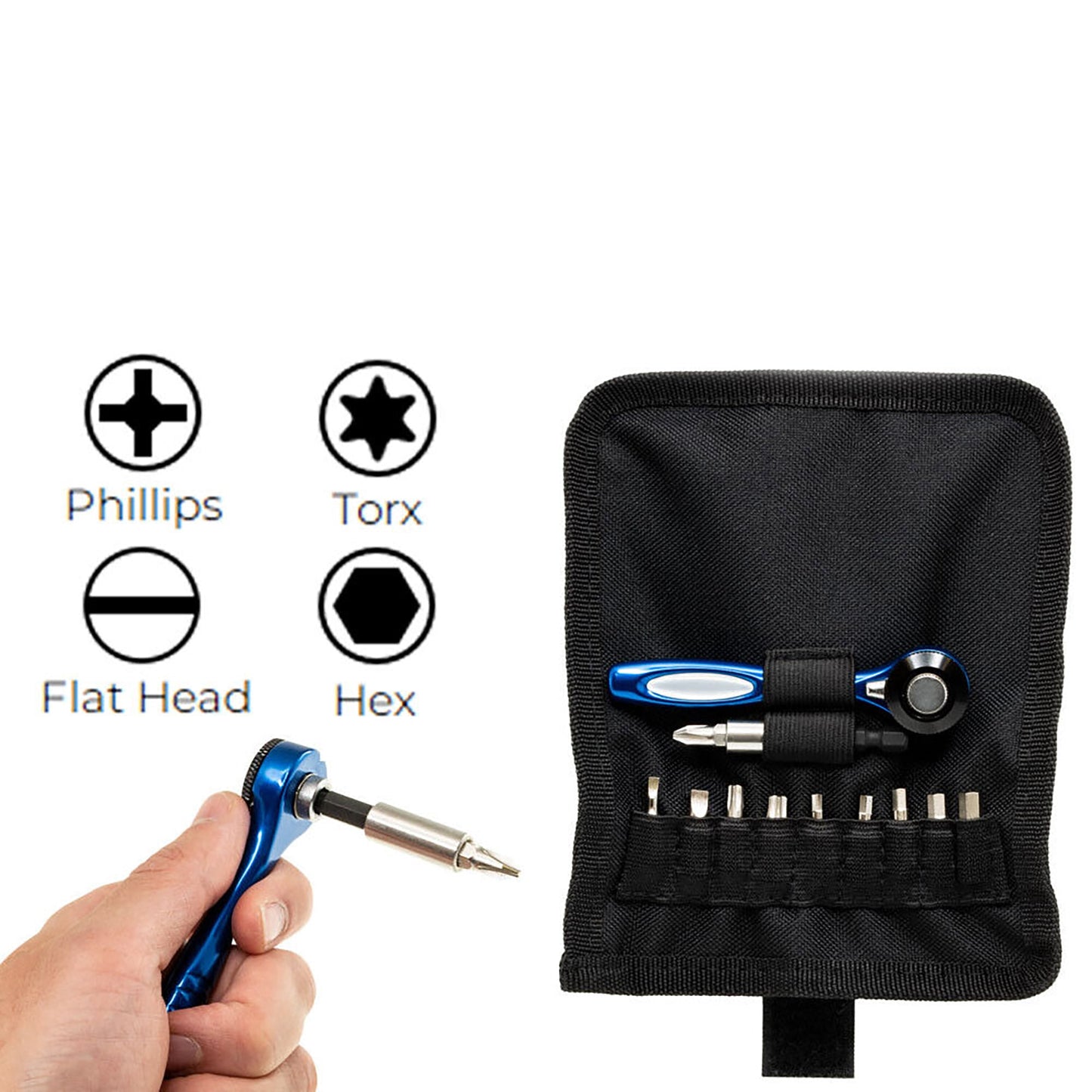 12-in-1 Bicycle Toolset Blue Ratchet with Pouch and Stainless Bits