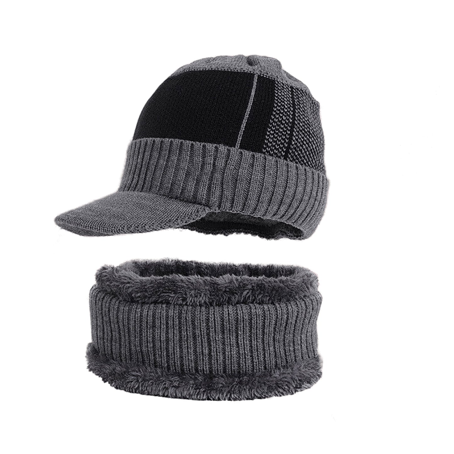Men Fleece Lined Winter Beanie and Scarf Set Fashion Warm Ski Cap