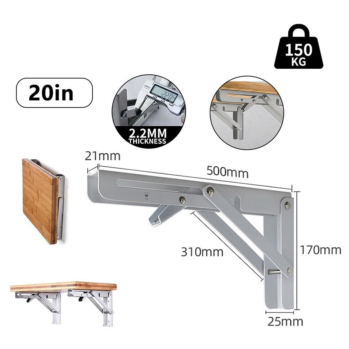 2pcs Stainless Steel Wall Shelf Bracket Folding Heavy Duty