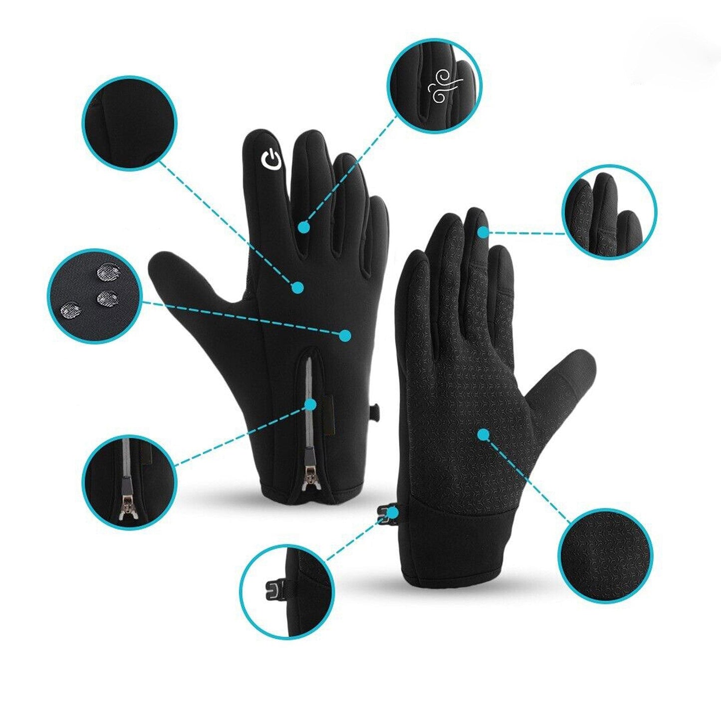 Black Winter Sports Cycling Gloves Warm Waterproof Mobile Friendly