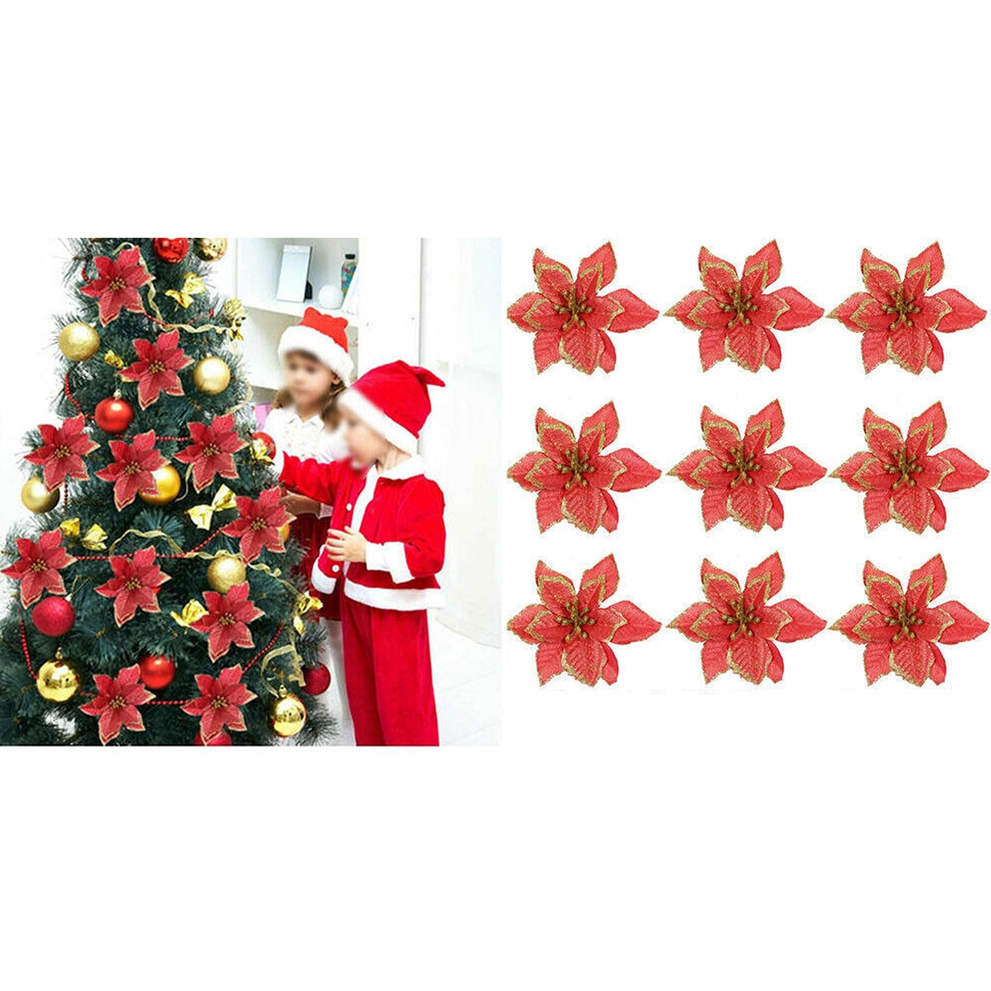 Red Glitter Poinsettia Decorations for Christmas Tree and Wreath