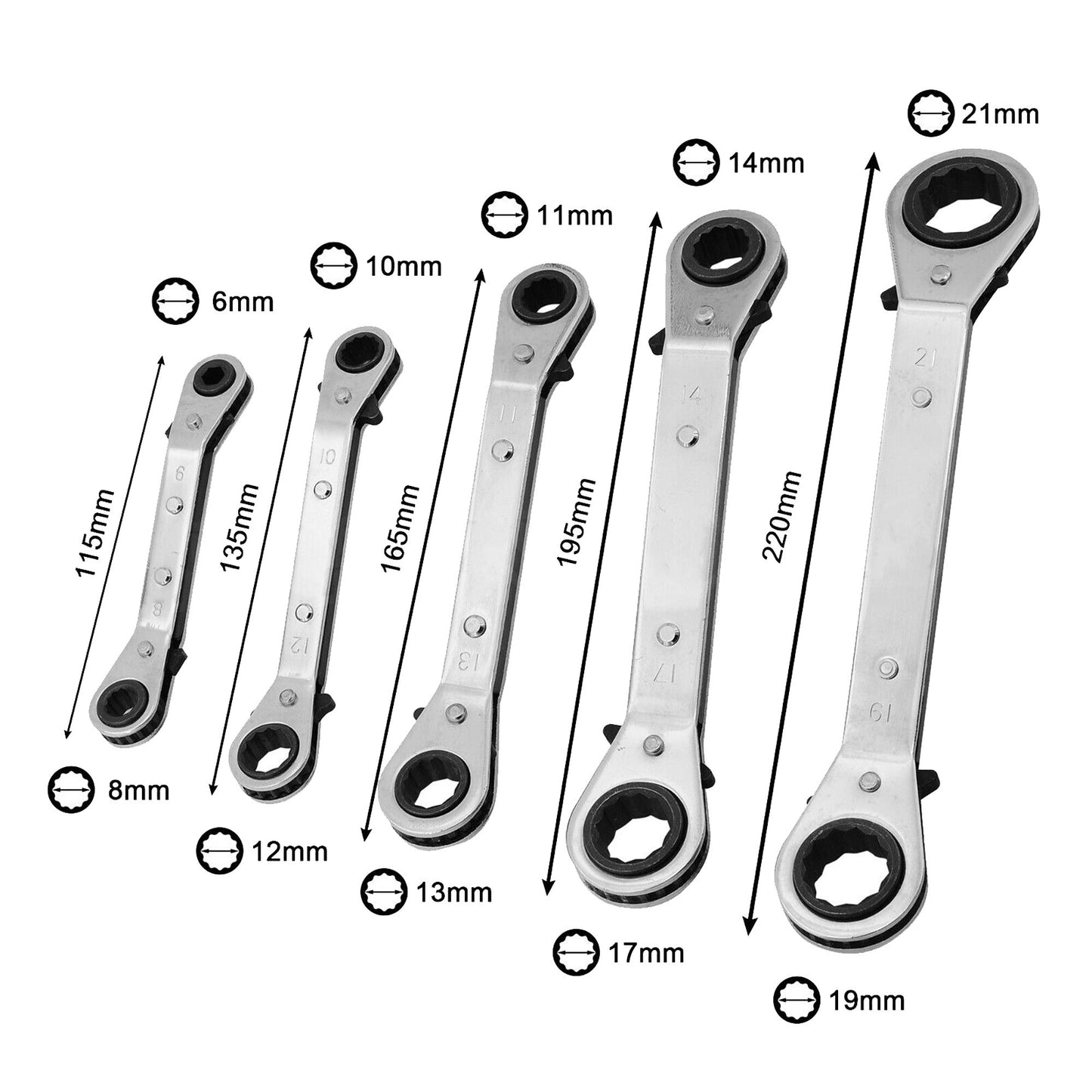 5pcs Metric Ring Wrenches Ratchet Spanner Set with Black Rack