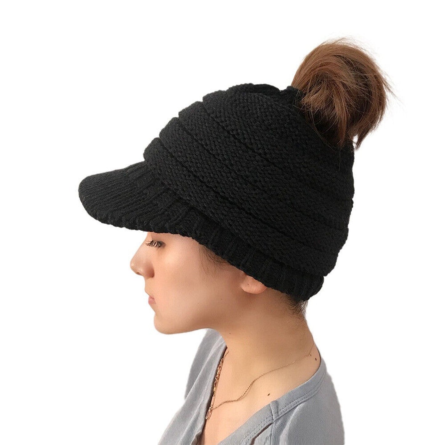 Women’s Winter Ponytail Beanie Cable Knit High Bun Hat Stretch