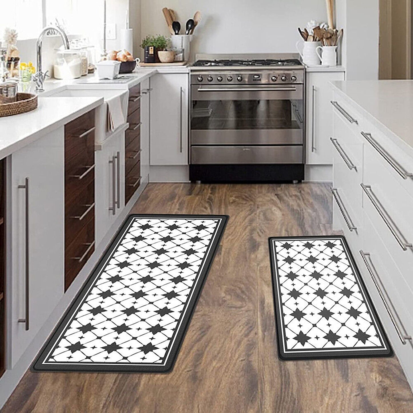 Black White CheckboardMachine Washable Non-Slip Kitchen Door Mat