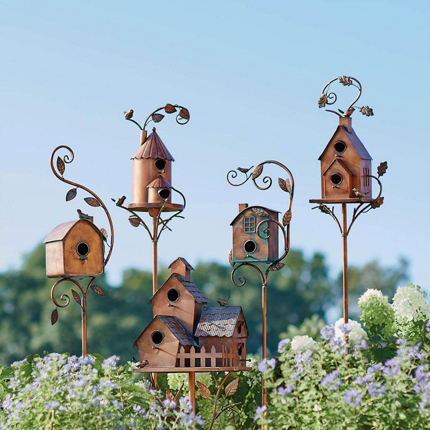 Outdoor Metal Birdhouse Art Stake Rustic Garden Yard Bird House Stand