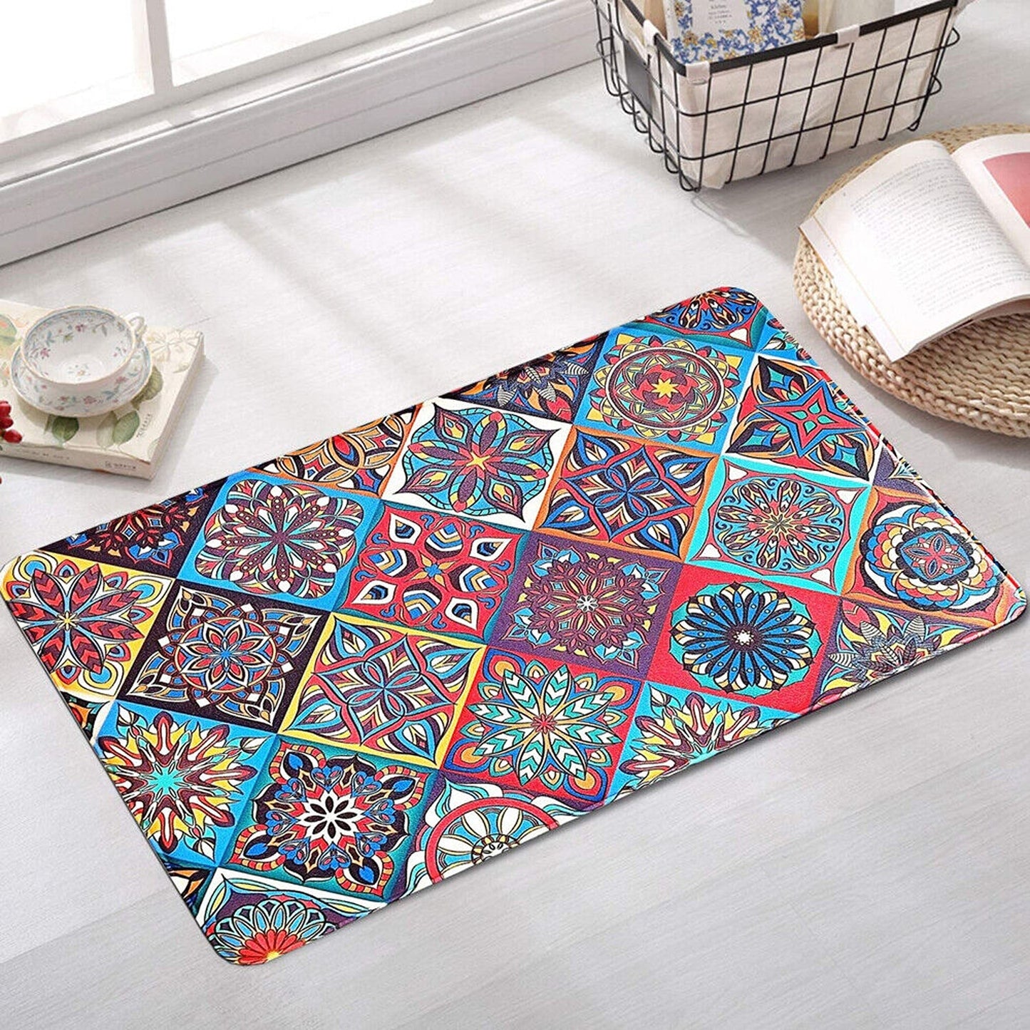 Blue Geometric Machine Washable Non-Slip Kitchen Door Mat