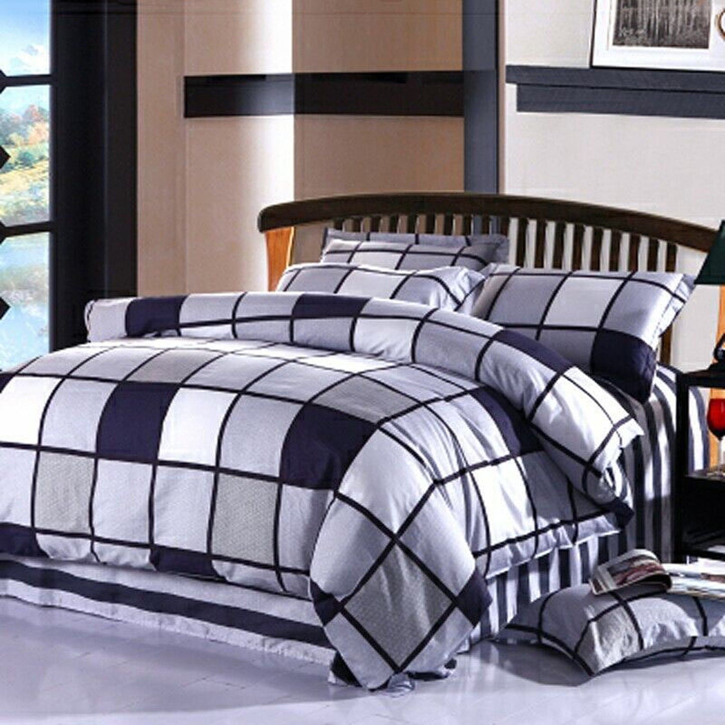 Checked Cotton Quilt Duvet Cover Set for Single to King Size Beds