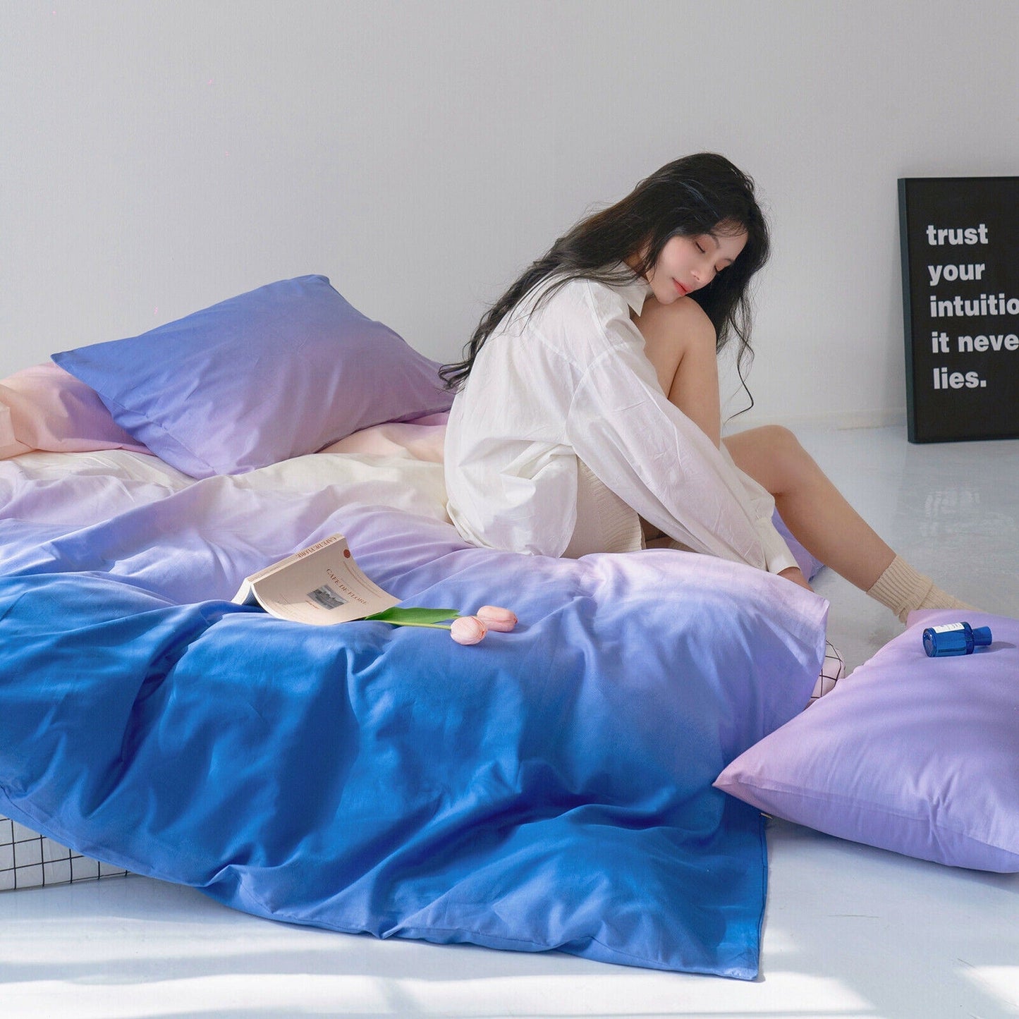 Gradient Blue Purple Quilt Duvet Cover Set Bedding for Queen King Size
