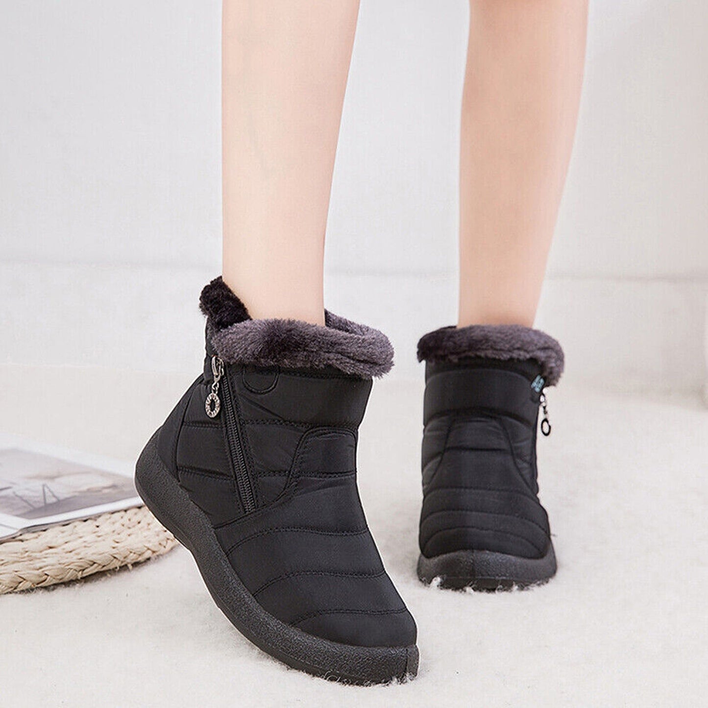 Black Women Black Fur Lined Snow Ankle Boots Winter Warm Waterproof Flat Shoes