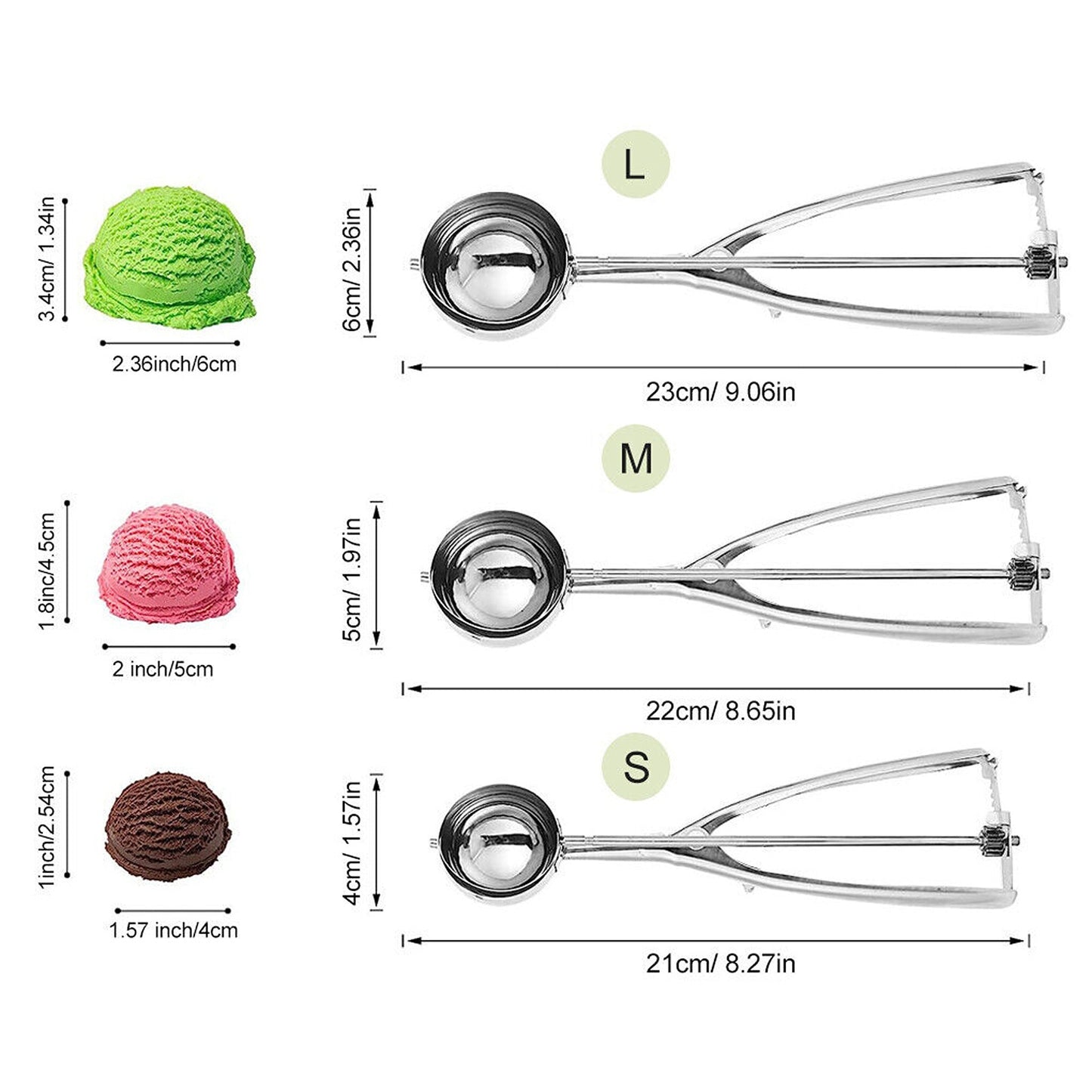 3-Piece Ice Cream Scoop and Melon Baller Set Stainless Steel