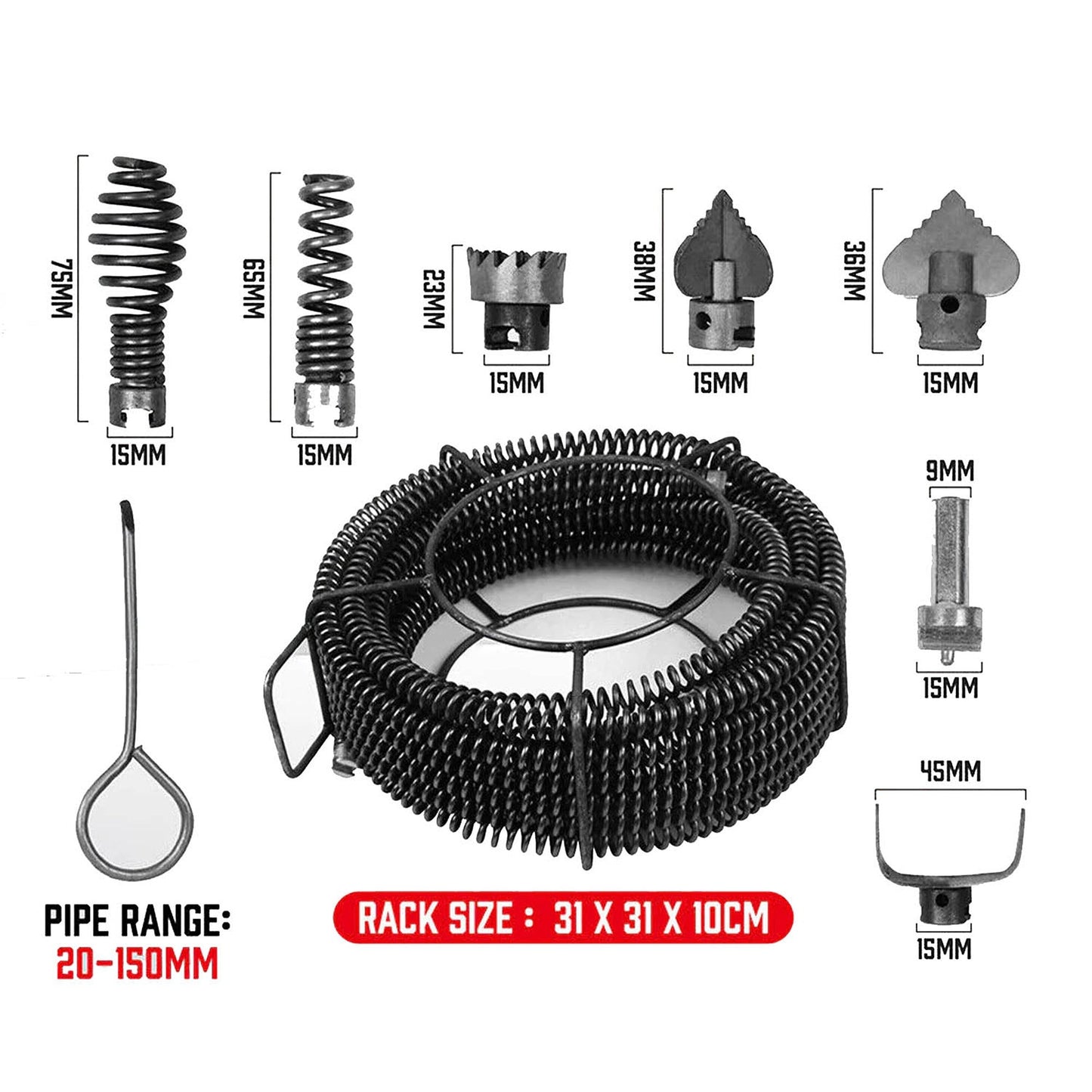 Plumbing Drain Snake with 6 Drill Bits for Pipe Cleaning 12M