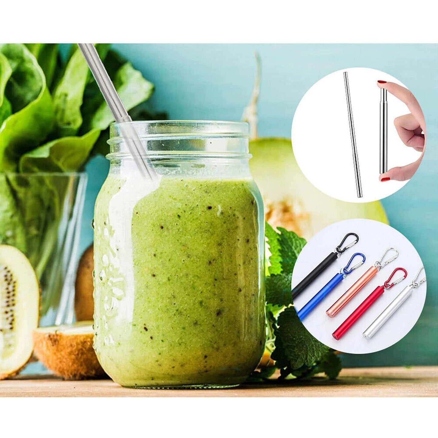 Stainless Steel Foldable Drinking Straw Metal Reusable with Cleaning Brush Keyring