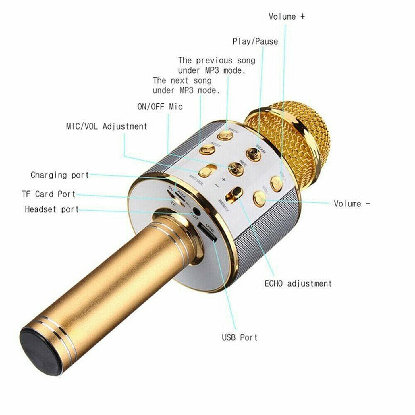 Wireless Bluetooth Handheld Karaoke Microphone with Speaker USB Mic