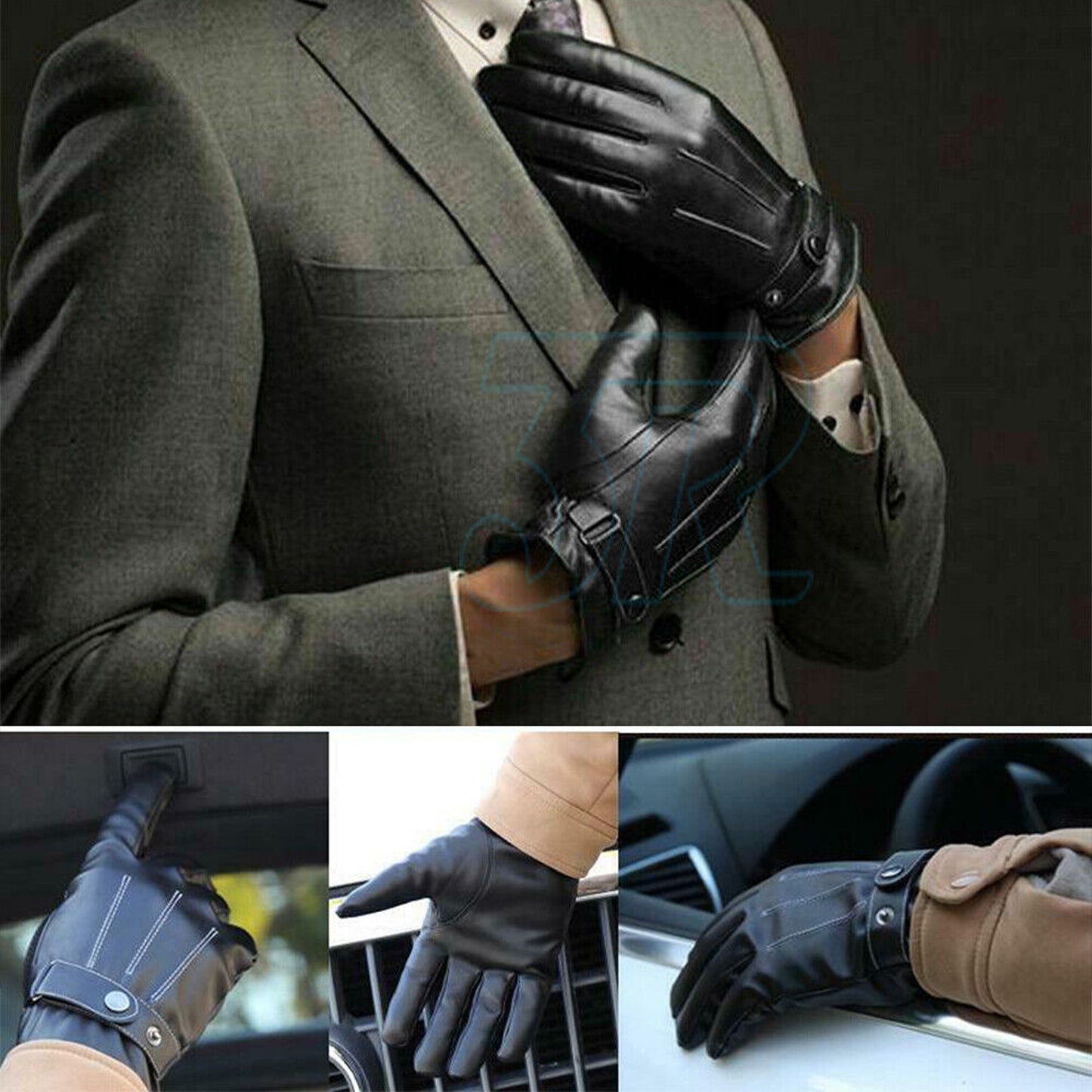 Men Winter Warm PU Leather Touch Screen Black Gloves for Smartphone