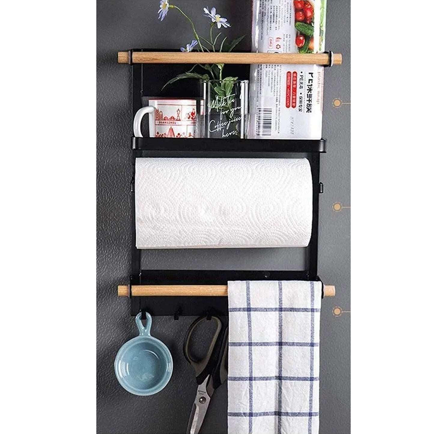 Magnetic Refrigerator Storage Rack with Hooks and Towel Holder