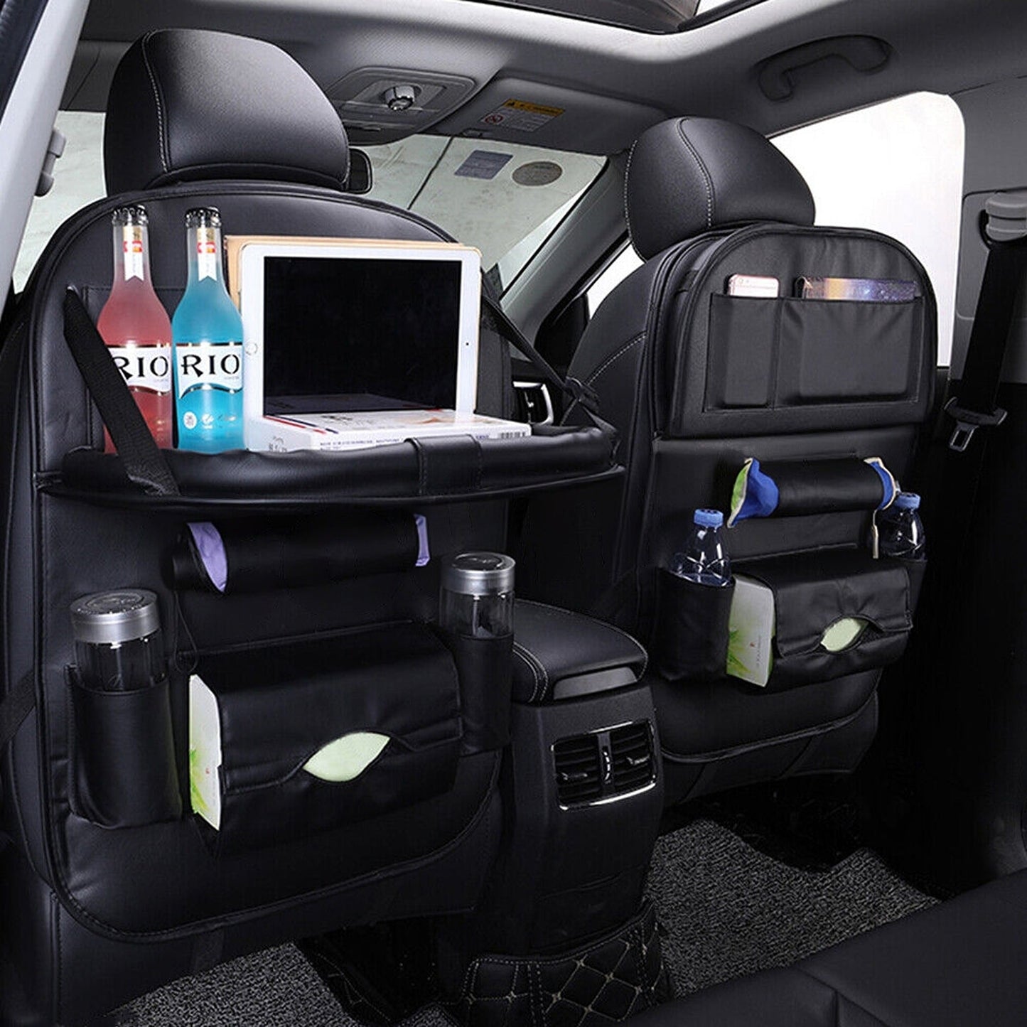 Leather Travel Car Seat Organizer Foldable Back Storage with iPad Tray